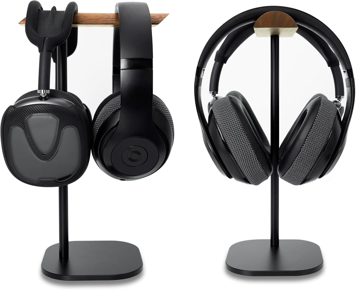 Gvoears Upgraded Headphone Stand, Walnut Wood Headphone Stands Headset Holder for Desk, Support Dual Headsets Suspension, Aluminum Alloy Support Rod Hanger, Dual Headphones Stand with Great Stablity
