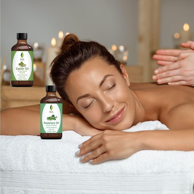 SVA Rosemary Essential Oil 4oz and Castor Oil 4oz Bundle Super Saver Combo – Premium Grade Value Set for Hair Oiling, Scalp Massage, Hair Care, Skin Care and Body Massage