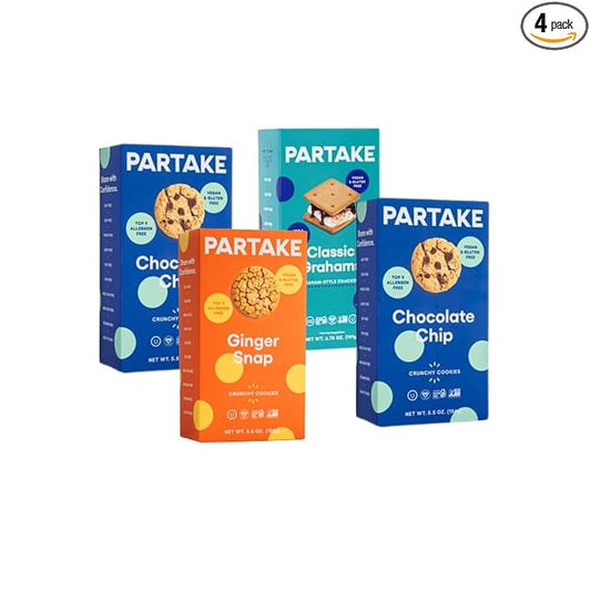 Partake Gluten Free Crunchy Cookies Variety Pack (Chocolate Chip, Ginger Snap, Graham Cracker) - Vegan - Free From the Top 9 Allergens Including Dairy, Wheat, Soy, Eggs, & Peanuts - Non GMO - Safe School & Office Snack (4 Pack, 5.5oz Boxes)