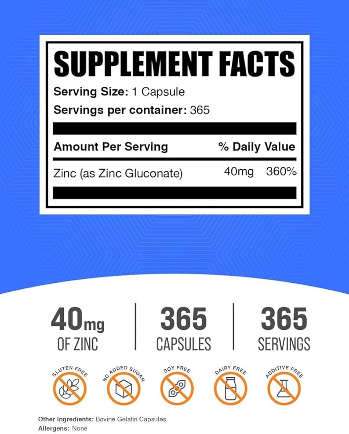BulkSupplements.com Zinc Gluconate Capsules - Zinc Supplements, for Immune Support - Gluten Free, 1 Capsule per Serving, 365 Count (Pack of 1)