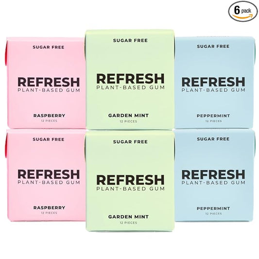 Refresh Gum, Xylitol, Natural, Sugar Free, Aspartame Free Chewing Gum, Plastic Free, Natural Flavors & Organic Ingredients, Plant-Based, Non GMO, Peppermint, Garden Mint & Raspberry Variety Pack, 12 Pcs, 6 Pack