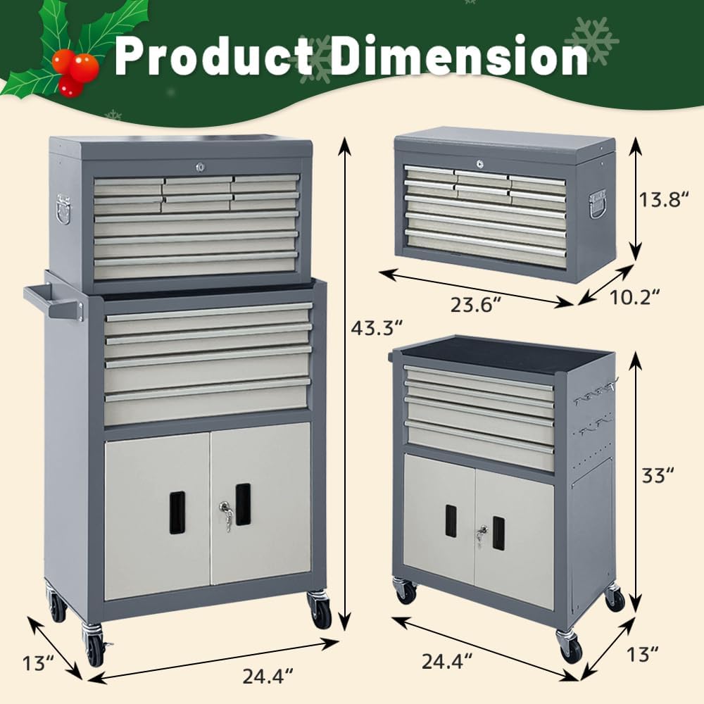 13-Drawer Rolling Tool Chest with Double Doors, 2 in 1 Detachable Rolling Tool Chest with Drawers, Mobile Tool Cabinet Combo, Metal Large Lockable Tool Box for Garage Workshop (Gray)