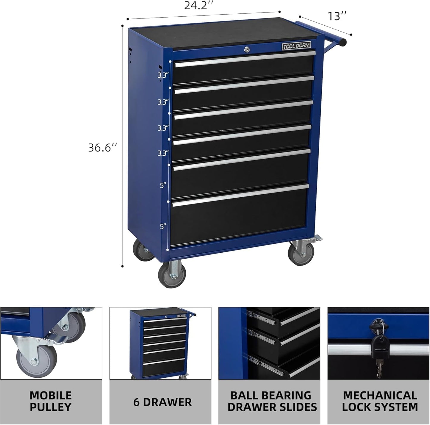6-Drawer Rolling Tool Chest with Locking Wheels & Drawers, 13" D x 24.2" W x 36.6" H Mobile Tool Storage Cabinet, Heavy-Duty Garage Organizer w/Ergonomic Handle