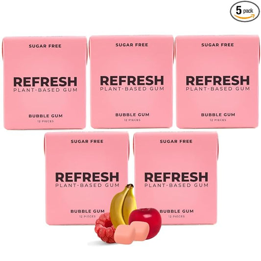 Refresh Gum, Xylitol, Natural, Sugar Free, Plastic Free, Aspartame Free, Natural Flavors & Organic Ingredients, Plant-Based, Low Calorie, Non GMO, Gluten Free, Vegan, Bubble Gum Flavor, 12 Pcs, 5 Pack