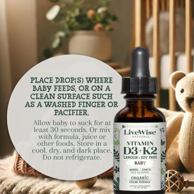 LiveWise Naturals Baby Vitamin D3-K2 Liquid Supplement, Vitamin Drops for Infants and Toddlers, for Healthy Growth, Development and Daily Wellness, Easy-to-Use Dropper in Glass Bottle, 1 Fl Oz