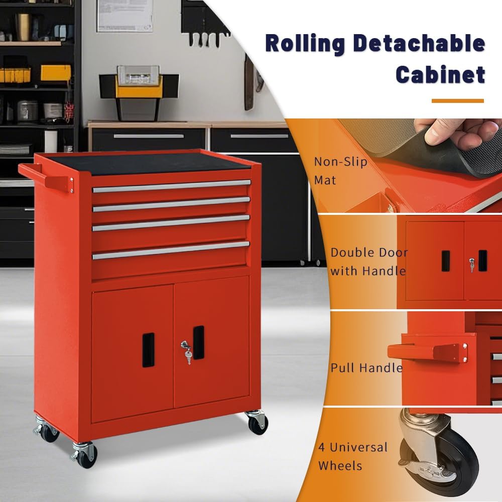 13-Drawer Rolling Tool Chest with Double Doors, 2 in 1 Detachable Rolling Tool Chest with Drawers, Metal Large Lockable Tool Box，Mobile Tool Cabinet Combo for Garage Workshop (Red)