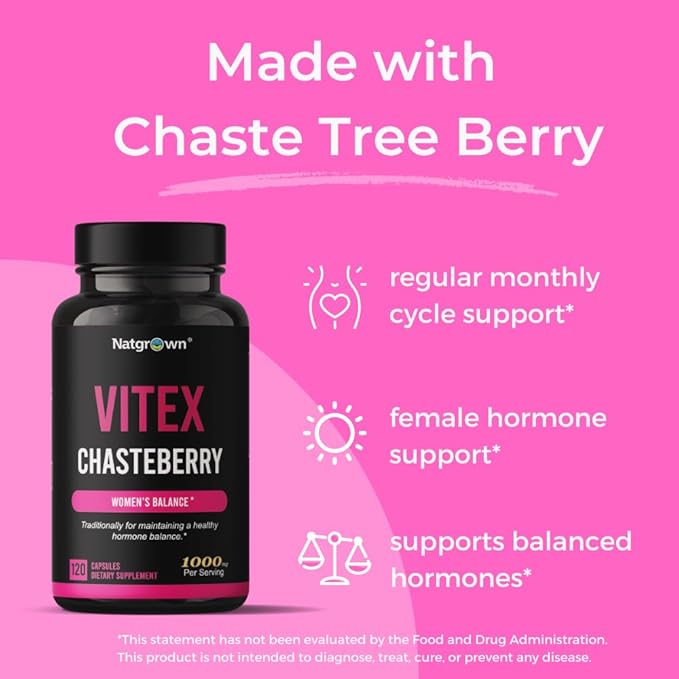 Natgrown Vitex Chasteberry Supplement for Women 1,000 mg - Supports Hormone Balance & Fertility - Agnus Castus Chaste Tree Vitex Berry Fruit Extract Capsules - 120 Ct