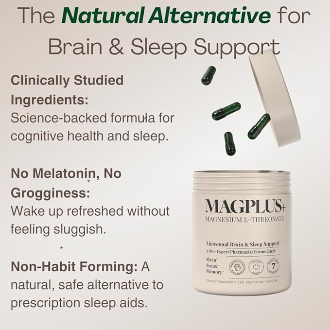 MAGPLUS+ Magnesium L-Threonate w. Apigenin & L Theanine, 1500mg 7-Ingredient Sleep Blend - Brain & Memory Support - Liposomal Magnesium Threonate Supplement - Capsules Supports Health, Rest & Mood