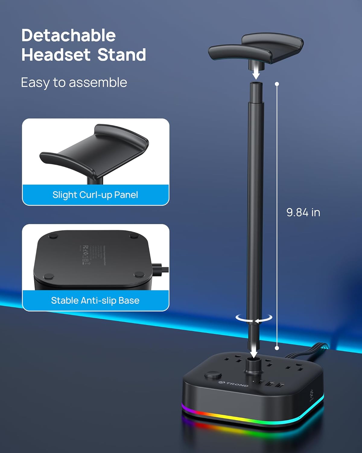 TROND Headphone Stand with USB C, Desk Gaming Headset Holder with 3 AC Outlets, 2 USB-A and 1 USB-C, Headset Stand with 5 RGB Light Modes, for Gaming Desk Accessories Gamer Boyfriend Gifts