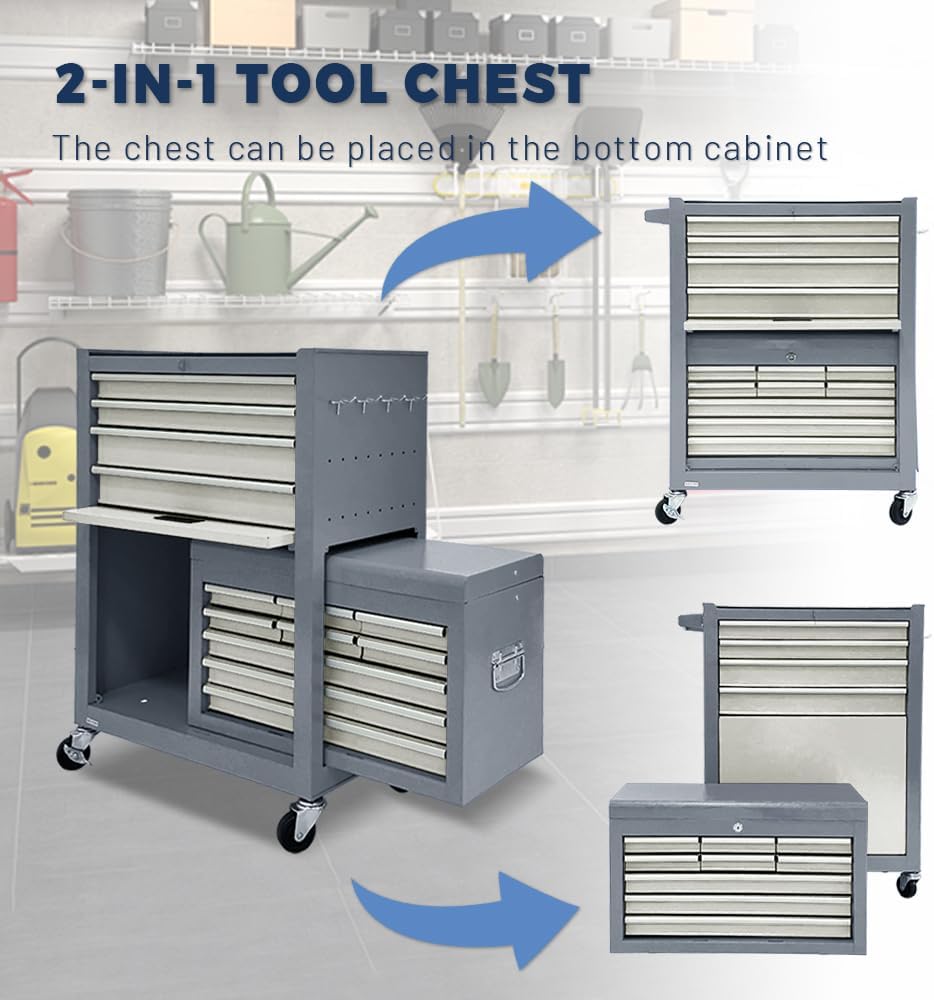 13-Drawer Rolling Tool Chest with Wheels, 2-1 Detachable Tool Chest with Drawers, Metal Tool Box with Lock, Large Tool Cabinet for Garage Workshop (Gray)