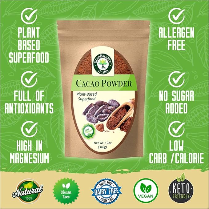 Good Balance Health Cacao Powder | Raw Cacao | Organic Cacao, Chocolate Powder | Perfect for Baking, Smoothies | Plant-Based, Organic, Gluten Free, Vegan Friendly, Keto Friendly | 12 Ounches (Resealable Bag)