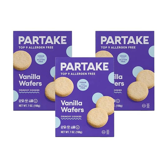 Partake Gluten Free Vanilla Wafers Cookies - Vegan - Free From the Top 9 Allergens Including Dairy, Wheat, Soy, Eggs, & Peanuts - Non GMO - Safe School & Office Snack (3 Pack, 7oz Boxes)