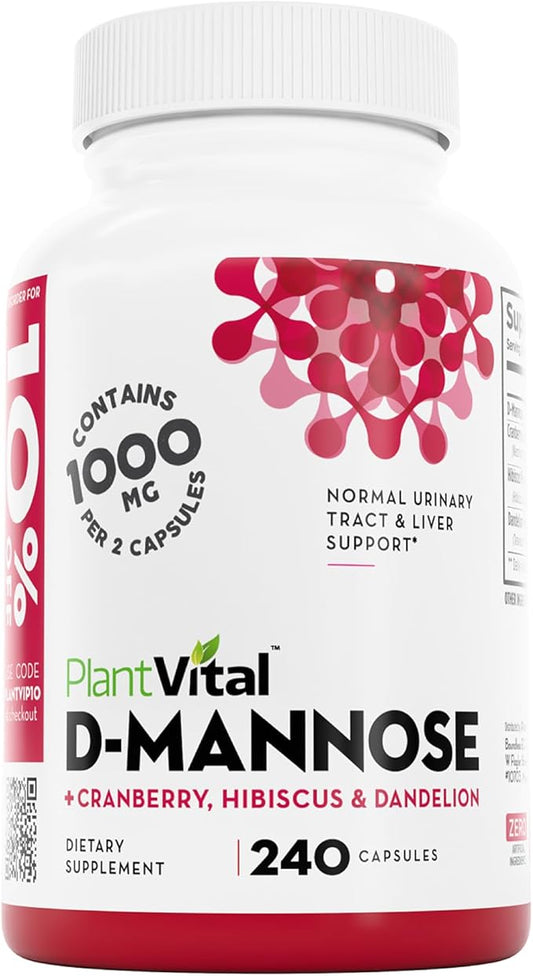 Plantvital D Mannose Capsules with Cranberry - D-mannose 1000mg Capsules - High Potency for Bladder, Kidney and Urinary Tract Support. Cranberry Powder with Hibiscus and Dandelion.4 Months Supply