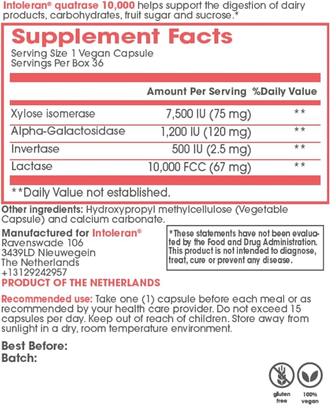 Quatrase Forte Digestive Enzymes - 108 Capsules | Highly Dosed Supplement for FODMAP Intolerance | Helps Digest Lactose and Complex Carbohydrates* | Pure & Vegan | Low FODMAP