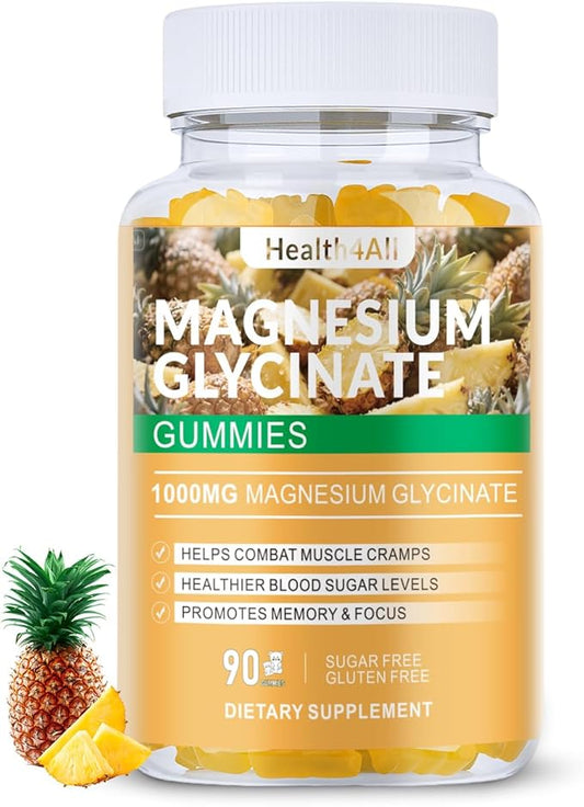 Magnesium Glycinate Gummies 1000mg, High Absorption Sugar Free Magnesium Potassium Supplement for Relaxation, Stress Relief, and Sleep Support for Adults & Kids - 90 Pineapple Gummies