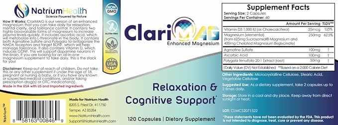 Nootropics Depot ClariMAG Capsules | Enhanced Magnesium | 60 Count | Relaxation & Cognitive Support | Stack