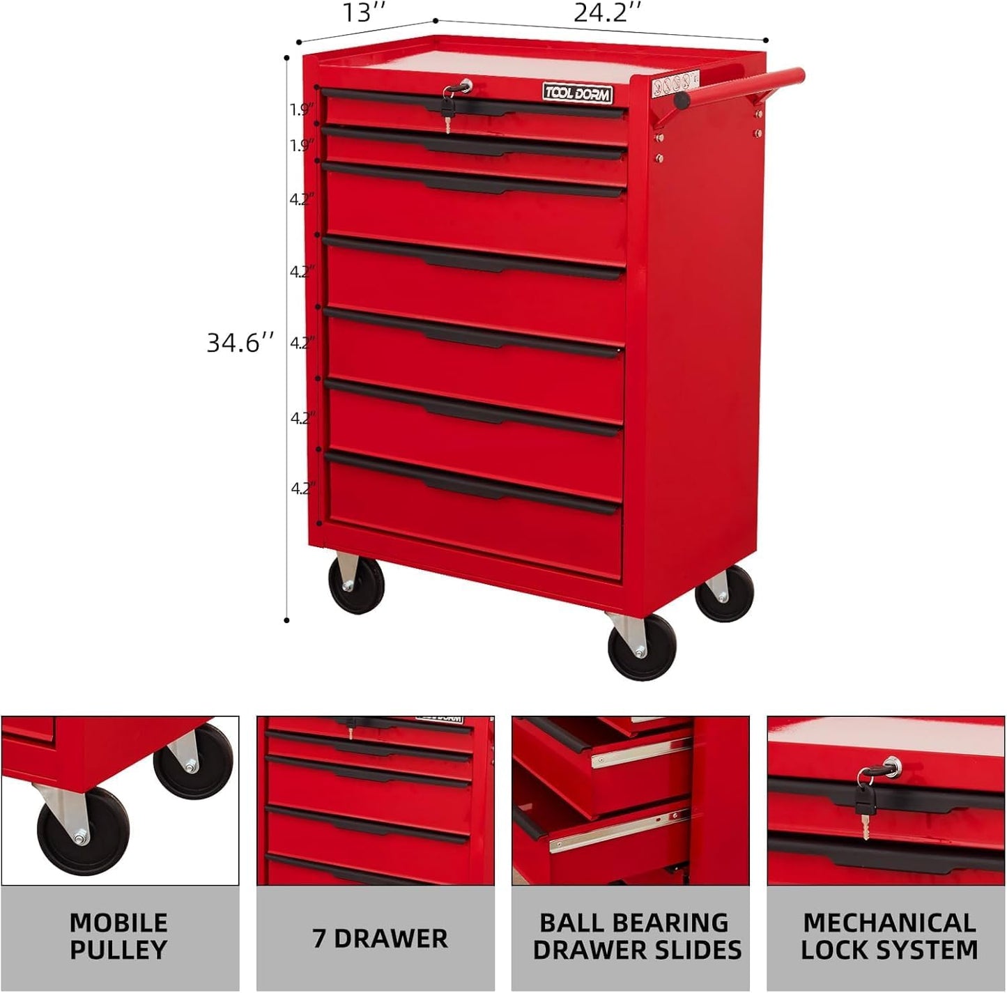 7-Drawer Rolling Tool Chest with Locking Wheels & Drawers, 13" D x 24.2" W x 34.6" H Mobile Tool Storage Cabinet, Heavy-Duty Garage Organizer w/Ergonomic Handle