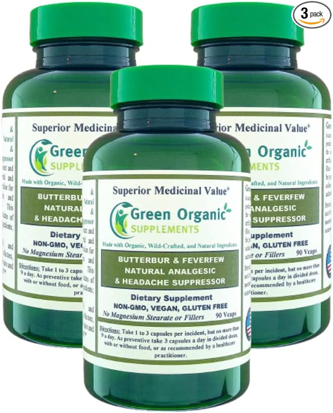 Butterbur, Feverfew, Analgesic, Painkiller, & Headache Suppressor, 90 VCaps, High Absorbable, Non-GMO, Gluten-Free (Pack of 3)