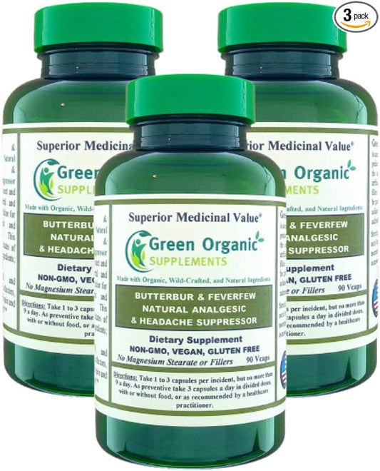 Butterbur, Feverfew, Analgesic, Painkiller, & Headache Suppressor, 90 VCaps, High Absorbable, Non-GMO, Gluten-Free (Pack of 3)