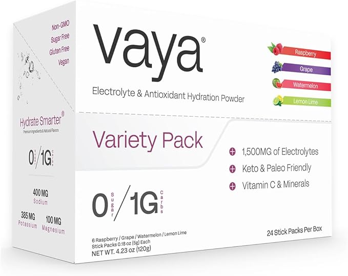 Vaya Sugar Free Electrolyte Powder – 24 Stick Pack Variety – 1,500mg Electrolytes + Vitamin C & Zinc – Keto Hydration Drink Mix – Raspberry, Grape, Lemon Lime, Watermelon