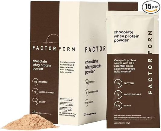 FACTOR FORM Whey Protein Powder | 100% Whey Isolate | 25g Protein & 6.3g BCAAs | Low Carb & Keto-Friendly | No Added Sugar (15 Packets, Chocolate)
