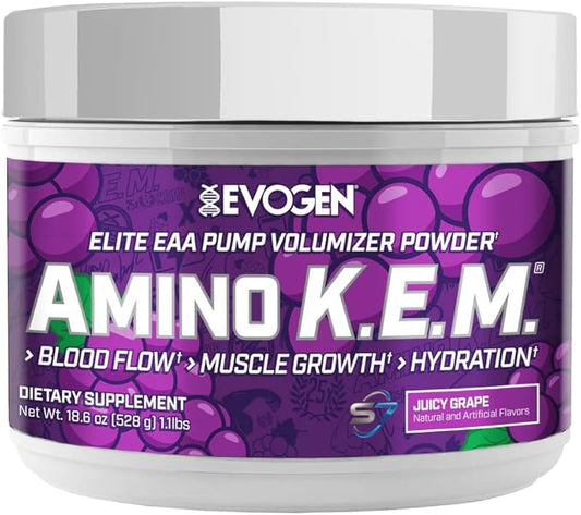 Evogen Amino K.E.M. - EAA & BCAA Powder Pump Volumizer | BCAAs Amino Acids Supplement for Blood Flow, Muscle Growth, & Hydration | Juicy Grape | 30 Servings