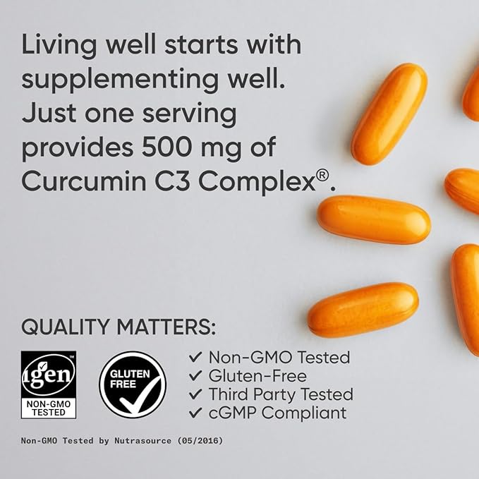 Sports Research Turmeric Curcumin C3 Complex 500 mg, Enhanced & Black Pepper and Organic Coconut Oil for Better Absorption; Non-GMO and Gluten Free - Standardized 95% Curcuminoids (60 Count Softgels)