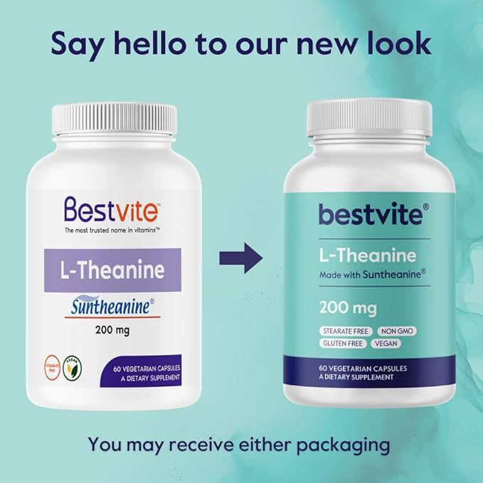 BESTVITE L-Theanine 200mg with Patented and Clinically Studied Suntheanine (60 Vegetarian Capsules) - No Stearates - Vegan - Non GMO - Gluten Free