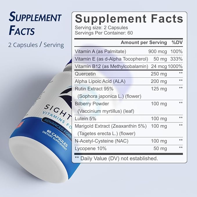 SightCare Lutein and Zeaxanthin Supplements – AREDS 2 Eye Vitamins Formula for Macular Health & Blue Light Support – Includes Vitamins A, E, B12, Quercetin, ALA, Rutin – 60 Capsules