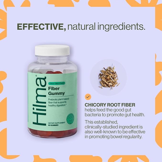 Hilma Prebiotic Fiber Gummies, Daily Fiber Supplement, Gummies for Adults, Supports Gut Health for Women and Promotes Regularity, Citrus Natural Flavor, FSA Eligible, 60 Count