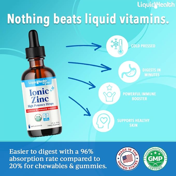 LIQUIDHEALTH USDA Organic Ionic Zinc High Potency Drops - Trace Mineral Liquid Vitamin Supplement for Adults, Kids - Immune & Digestive Support, Skin & Wound Health - USA Made, Vegan, Non-GMO (3 Pack)