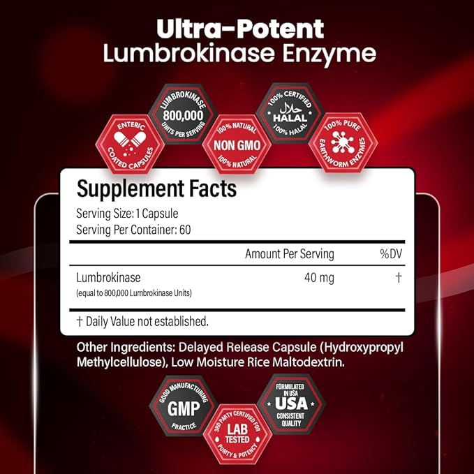 Lumbrokinase Supplement 40mg (60 Capsules) - Maximum Activity-800,000 UI - Pure Lumbrokinase Enzymes Digestive enzymes, Better Than serrapeptase Nattokinase Supplement, Lab Tested, Non GMO