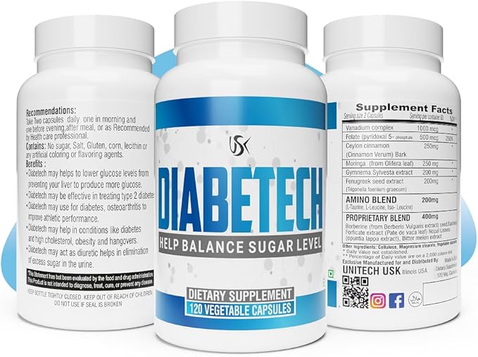 Unitech USK Diabetech Capsules | Herbal Formula with Fenugreek, Ceylon Cinnamon, Bitter Melon & Other Botanicals | Supports Healthy Metabolism | 60 Capsules