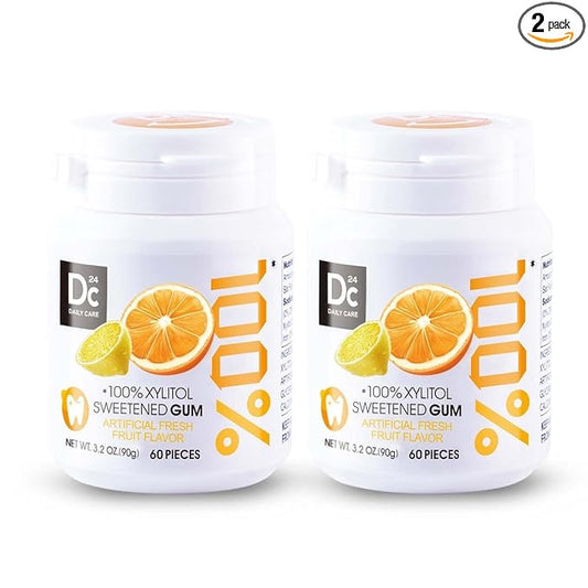 DC24 DAILY CARE Xylitol Chewing Gum, Aspartame & Sugar Free, Fresh Fruit Flavor, Non-GMO, Gluten Free, Vegan, 60 Pieces, Pack of 2