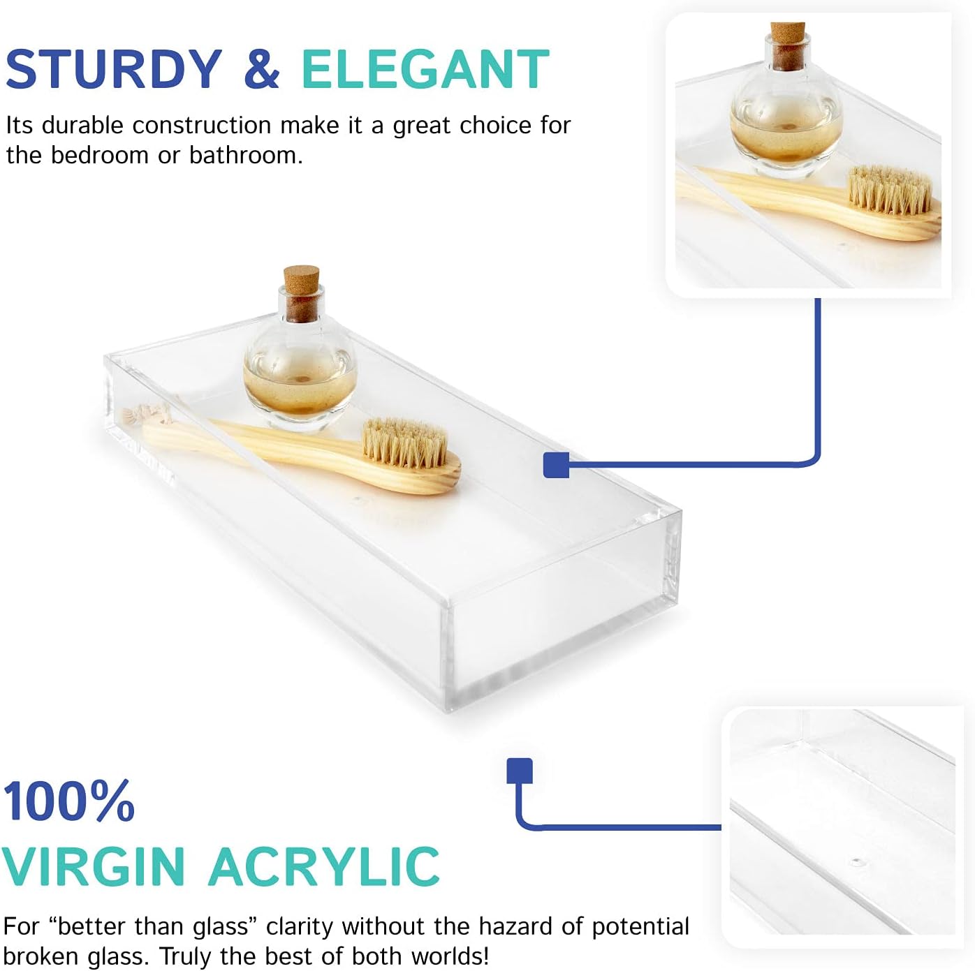 Huang Acrylic Clear Catchall Decorative Tray | Minimalistic Design for Keys, Wallet, Perfume, Jewelry, or Makeup | Rectangular Organizer Tray for Vanity, Dresser, Bathroom, Bedroom | 14 x 6.25 inches
