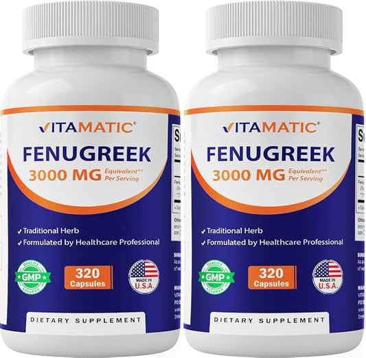Vitamatic Fenugreek Capsules Extra Strength 3000 mg Equivalent Per Serving (from 10:1 Extract 300 mg) - Trigonella Foenum-Graecum - Methi Seeds Powder Pills - 320 Vegetarian Capsules - 2 Pack