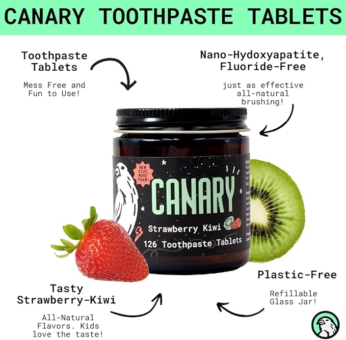 Canary Nano Hydroxyapatite Toothpaste Tablets Strawberry Kiwi - Remineralizing, Fluoride Free, All Natural Tabs with Xylitol - Great for Kids, Plastic Free - 126 Count