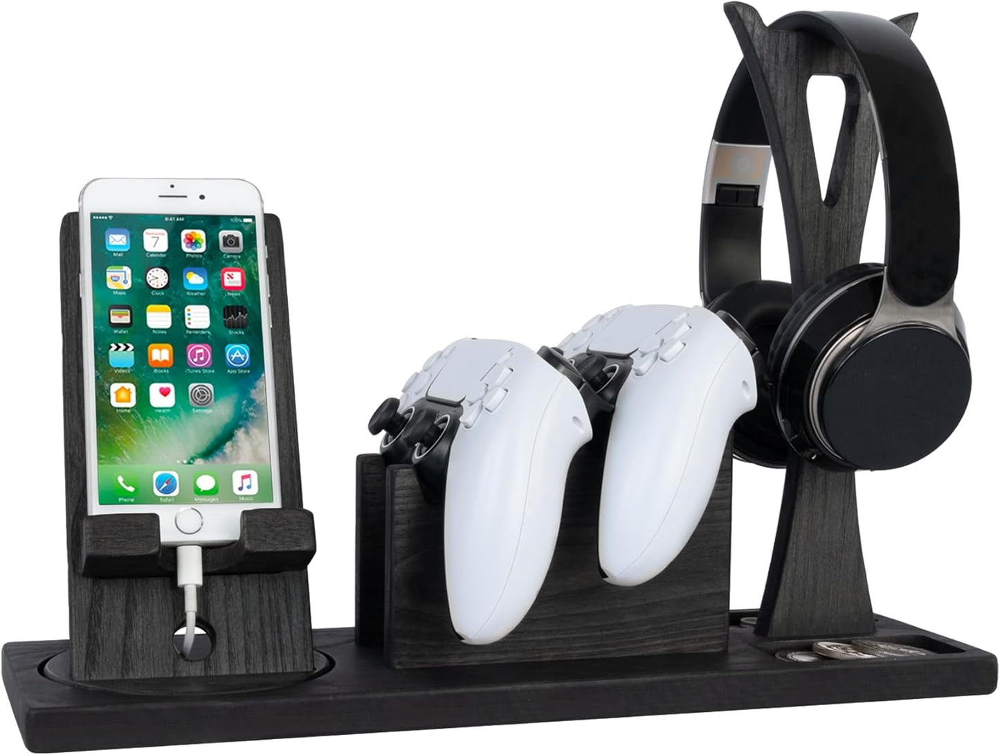Unique Gift for Gamers, Game Room Decor. Unique Gaming Organizer with Headset Holder, Rotatable Phone Stand & Controller Stand. Wooden Gaming Gadget for Gaming Desktop, Streamer, Teenage Boy