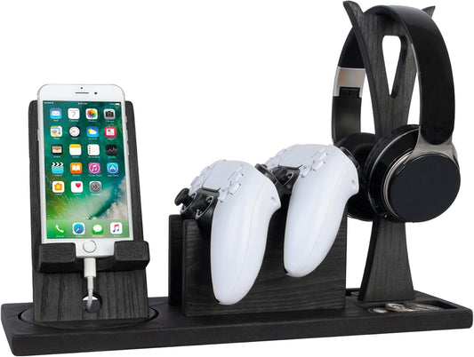 Unique Gift for Gamers, Game Room Decor. Unique Gaming Organizer with Headset Holder, Rotatable Phone Stand & Controller Stand. Wooden Gaming Gadget for Gaming Desktop, Streamer, Teenage Boy