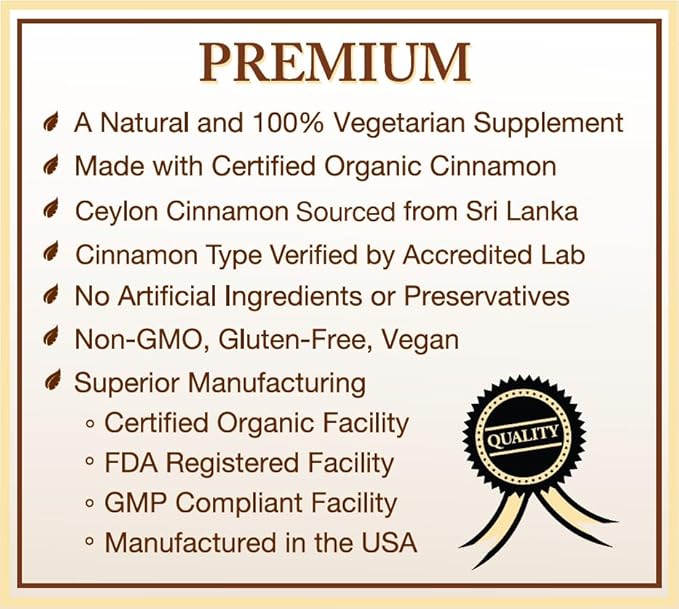 USDA Certified Organic Ceylon Cinnamon Capsules, Non-GMO Verified Supplement - 120 Capsules, 2 Month Supply