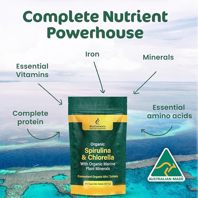 Biogenesis Organic Spirulina, Chlorella & Marine Plant Minerals – 300 Count (200 mg) | Australian Grown Algae Superfood | Support Energy & Immunity | Vegan Mini Tablets