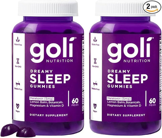 Goli Dreamy Sleep Gummy - 60 Count (Pack of 2) - Melatonin, Vitamin D, Magnesium, and Lemon Balm Extract - Gelatin-Free, Gluten-Free, Vegan & Non-GMO