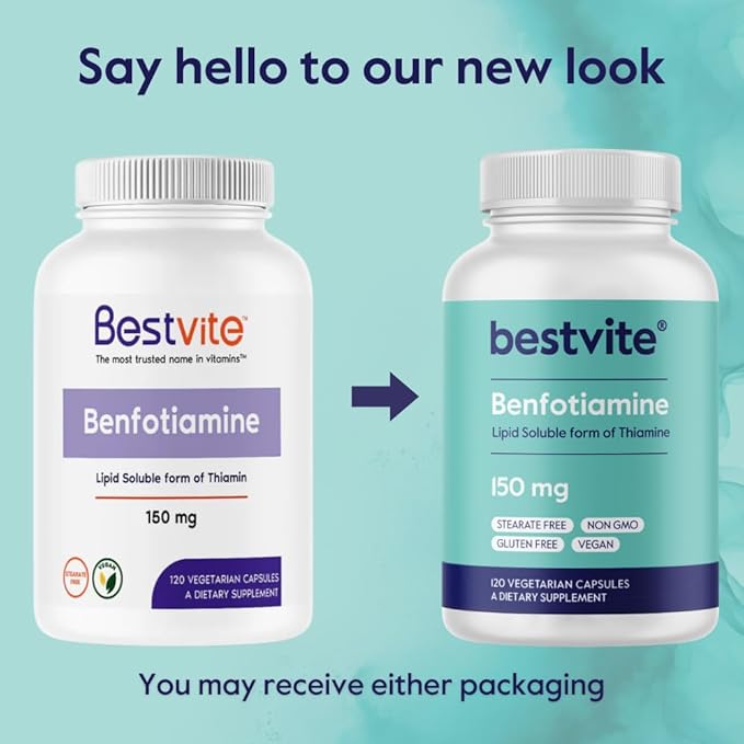 BESTVITE Benfotiamine 150mg (360 Vegetarian Capsules) (120x3) - No Stearates - No Silicon Dioxide - Vegan - Non GMO - Gluten Free