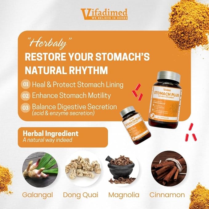 Stomach Plus-for Stomach, Gastritis, Stomach Lining Repair, Acid Reflux, Heartburn, Indigestion, with Galangal, Dong Quai, Cinnamon & Magnolia-45 Capsules