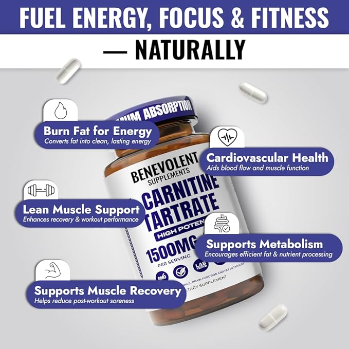 Benevolent L Carnitine Supplement - High Potency 1500mg L-Carnitine Tartrate - Fast Absorbing, Convert Fat to Energy, Support Lean Muscle, Boost Workout Performance & Metabolism – 120 Vegan Capsules