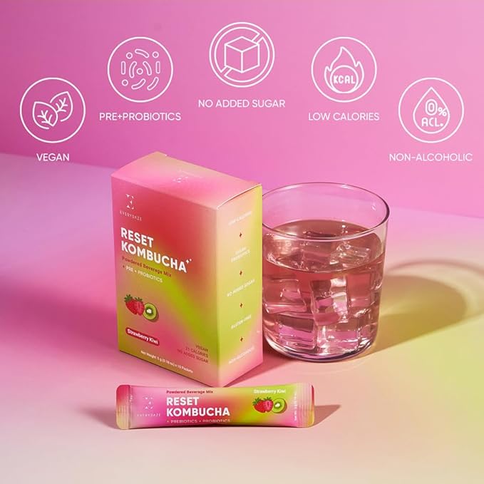 EVERYDAZE Reset Kombucha Tea Powdered Beverage Mix | 30 Pack (3 x 10ct) | Prebiotics + Probiotics | Vegan | No Added Sugar, Low Calorie, Gluten-Free, Sparkling Powder Drink (Strawberry Kiwi)