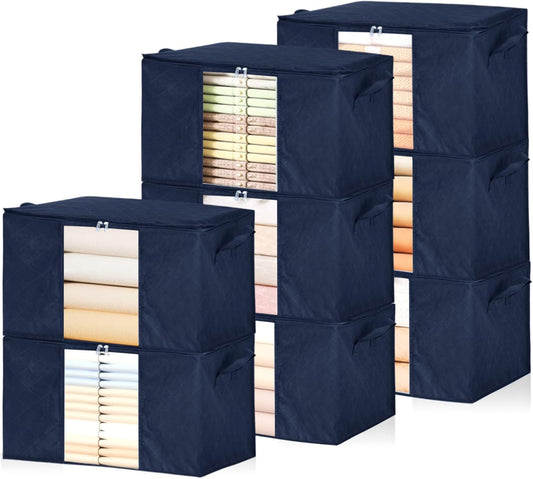 8 Pack Clothes Storage Bags - 60L Blanket Organizers and Storage for Closet Large Storage Bins with Lids and Zipper Storage Containers for King Comforter, Pillow and Sweater(Blue, 8 Pack)