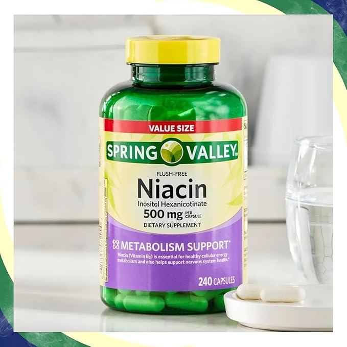 Spring Valley Vitamin B3 Niacin 500mg Flush Free Capsules, Dietary Supplement 240 Pills (Pack of 1) - Set by Basket Goods