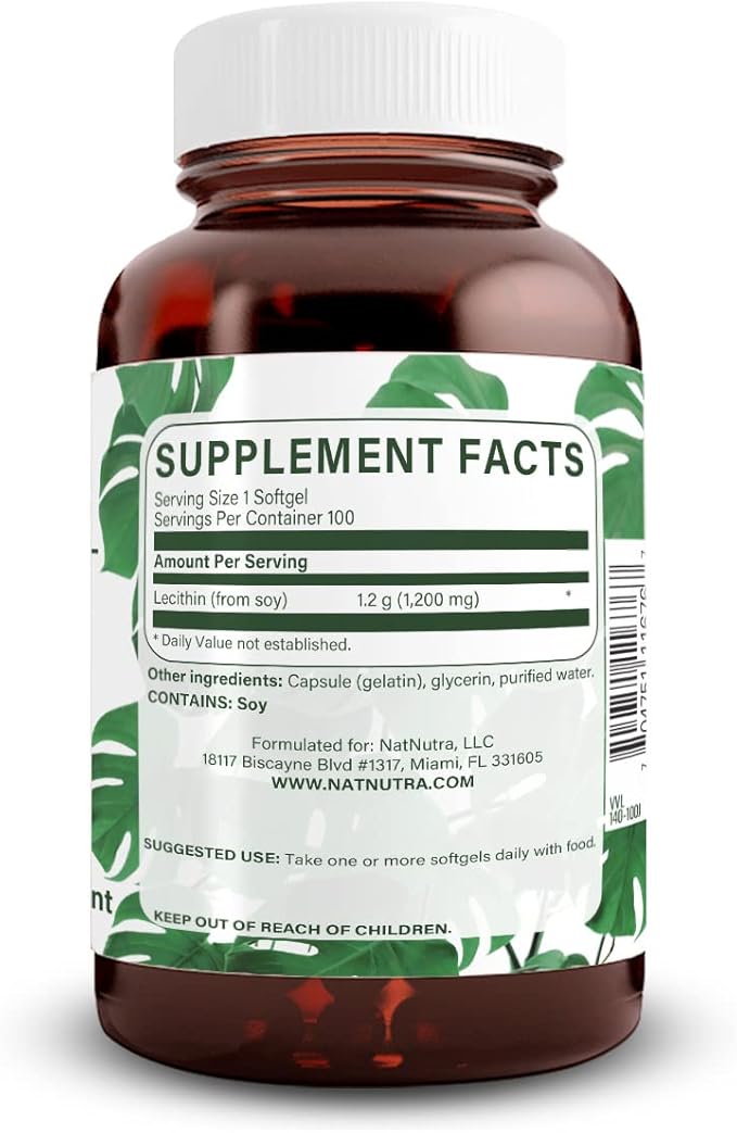 Natural Nutra Soy Lecithin 1200 mg Dietary Supplement - Brain Function, Liver Health, Hepls Breast Health, Memory Boosting Supplement - Gluten-Free, BPA-Free, 100 Softgels in Recyclable Glass Bottles
