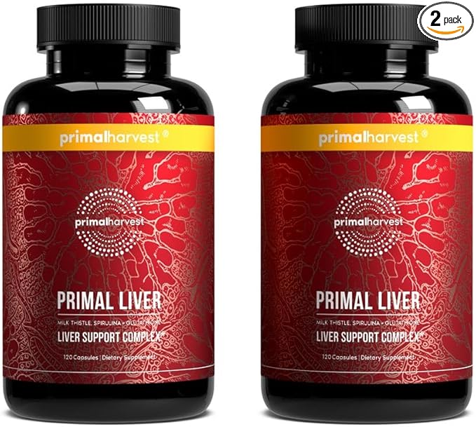 Primal Harvest Primal Liver 2 Pack, Liver Supplement with, Alpha-Lipoic Acid, L-Cysteine HCL, L-Glutathione, Milk Thistle, and Spirulina, for Men and Women, 240 Capsules (2)